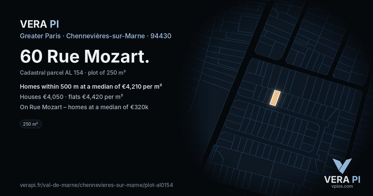60 Rue Mozart, Chennevières-sur-Marne at night – the plot lit, the parcels around coloured by the prices near them
