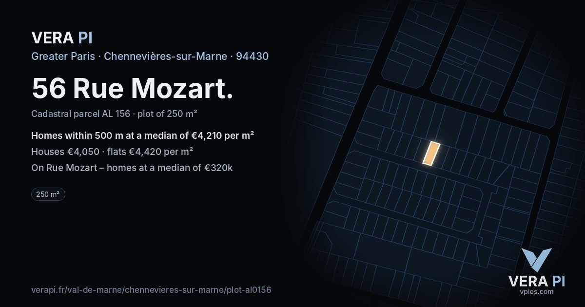 56 Rue Mozart, Chennevières-sur-Marne at night – the plot lit, the parcels around coloured by the prices near them