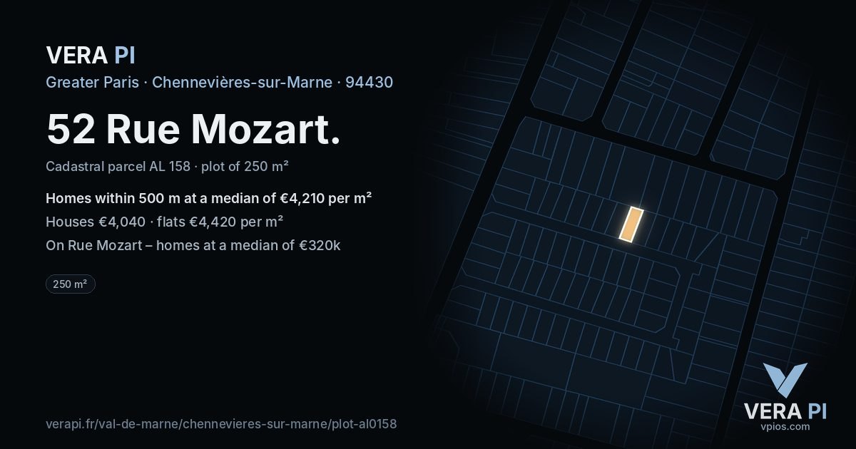 52 Rue Mozart, Chennevières-sur-Marne at night – the plot lit, the parcels around coloured by the prices near them