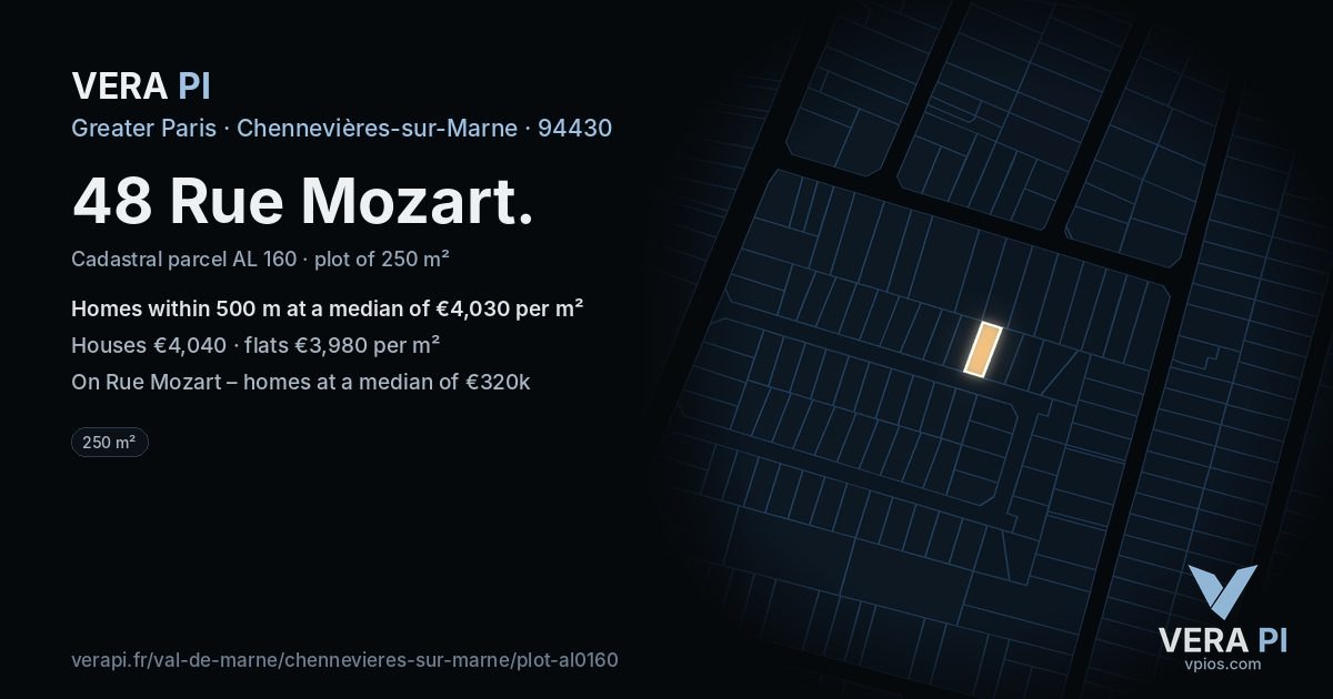 48 Rue Mozart, Chennevières-sur-Marne at night – the plot lit, the parcels around coloured by the prices near them
