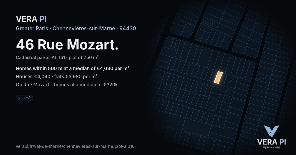 46 Rue Mozart, Chennevières-sur-Marne at night – the plot lit, the parcels around coloured by the prices near them