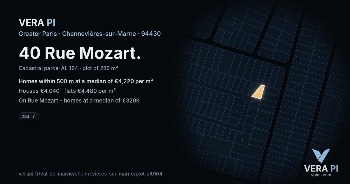 40 Rue Mozart, Chennevières-sur-Marne at night – the plot lit, the parcels around coloured by the prices near them