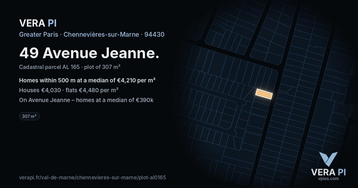 49 Avenue Jeanne, Chennevières-sur-Marne at night – the plot lit, the parcels around coloured by the prices near them