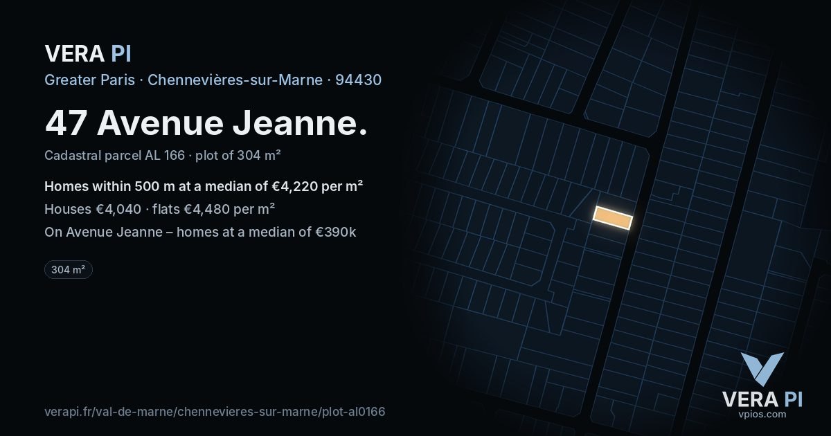 47 Avenue Jeanne, Chennevières-sur-Marne at night – the plot lit, the parcels around coloured by the prices near them