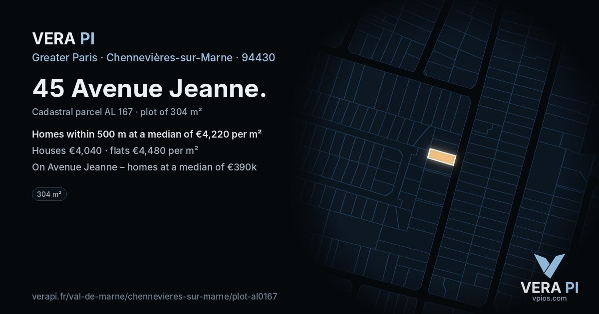 45 Avenue Jeanne, Chennevières-sur-Marne at night – the plot lit, the parcels around coloured by the prices near them