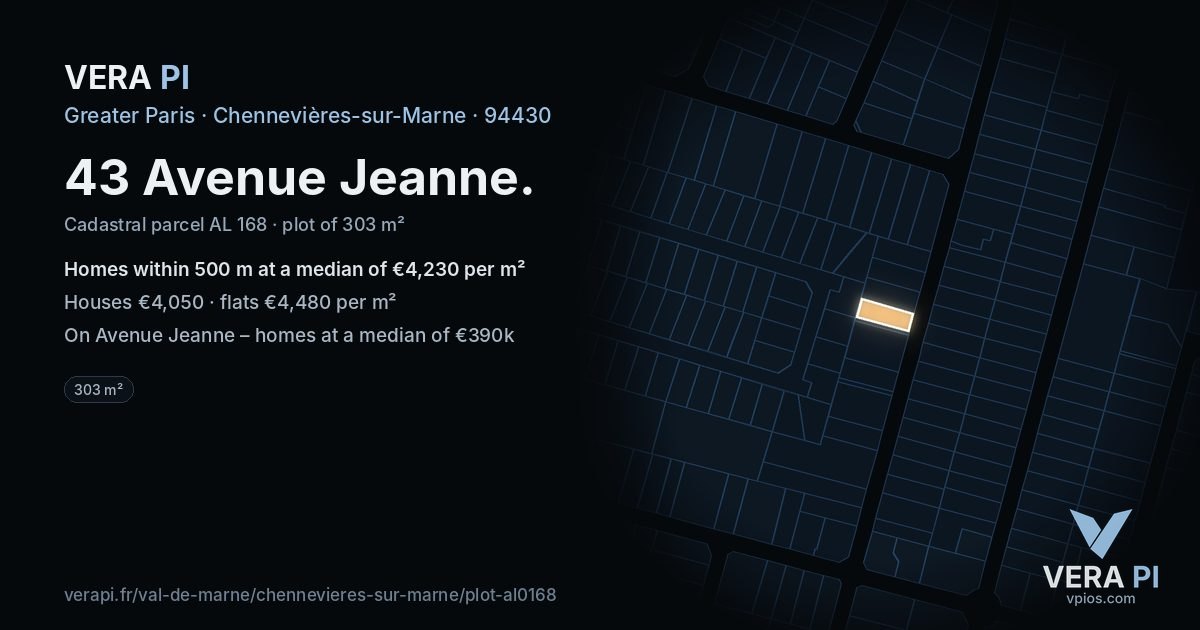 43 Avenue Jeanne, Chennevières-sur-Marne at night – the plot lit, the parcels around coloured by the prices near them