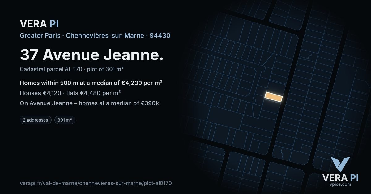37 Avenue Jeanne, Chennevières-sur-Marne at night – the plot lit, the parcels around coloured by the prices near them