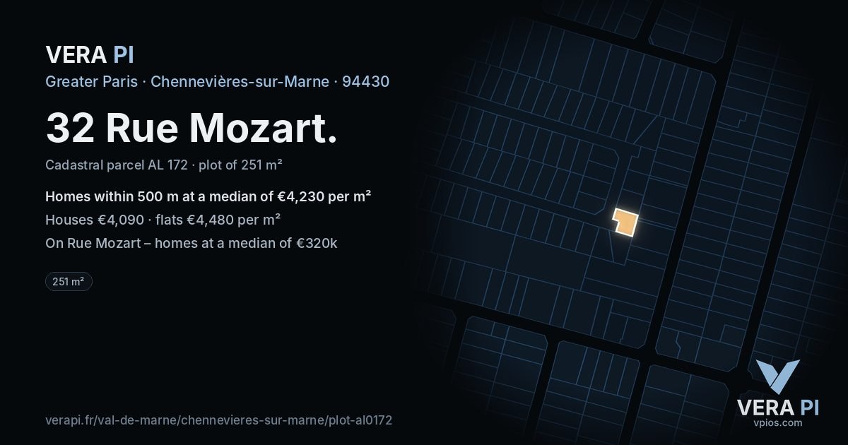 32 Rue Mozart, Chennevières-sur-Marne at night – the plot lit, the parcels around coloured by the prices near them