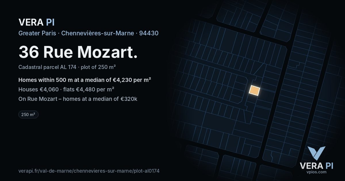 36 Rue Mozart, Chennevières-sur-Marne at night – the plot lit, the parcels around coloured by the prices near them