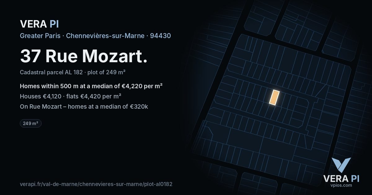 37 Rue Mozart, Chennevières-sur-Marne at night – the plot lit, the parcels around coloured by the prices near them
