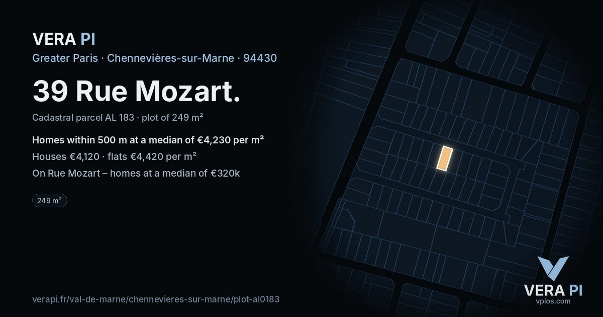 39 Rue Mozart, Chennevières-sur-Marne at night – the plot lit, the parcels around coloured by the prices near them