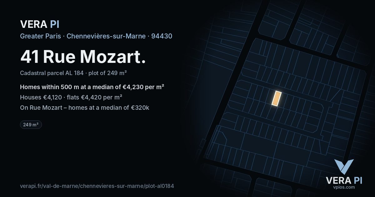 41 Rue Mozart, Chennevières-sur-Marne at night – the plot lit, the parcels around coloured by the prices near them