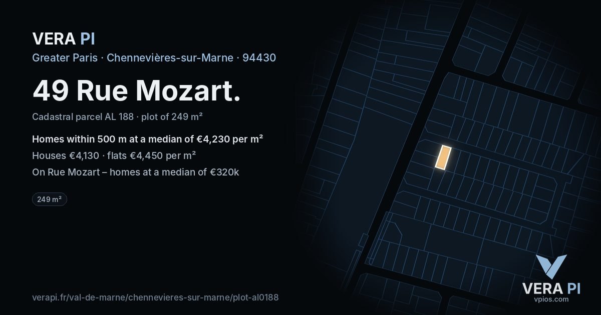 49 Rue Mozart, Chennevières-sur-Marne at night – the plot lit, the parcels around coloured by the prices near them
