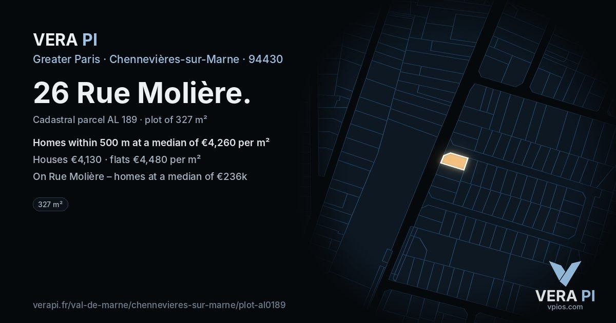 26 Rue Molière, Chennevières-sur-Marne at night – the plot lit, the parcels around coloured by the prices near them