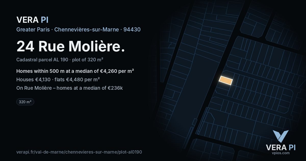 24 Rue Molière, Chennevières-sur-Marne at night – the plot lit, the parcels around coloured by the prices near them