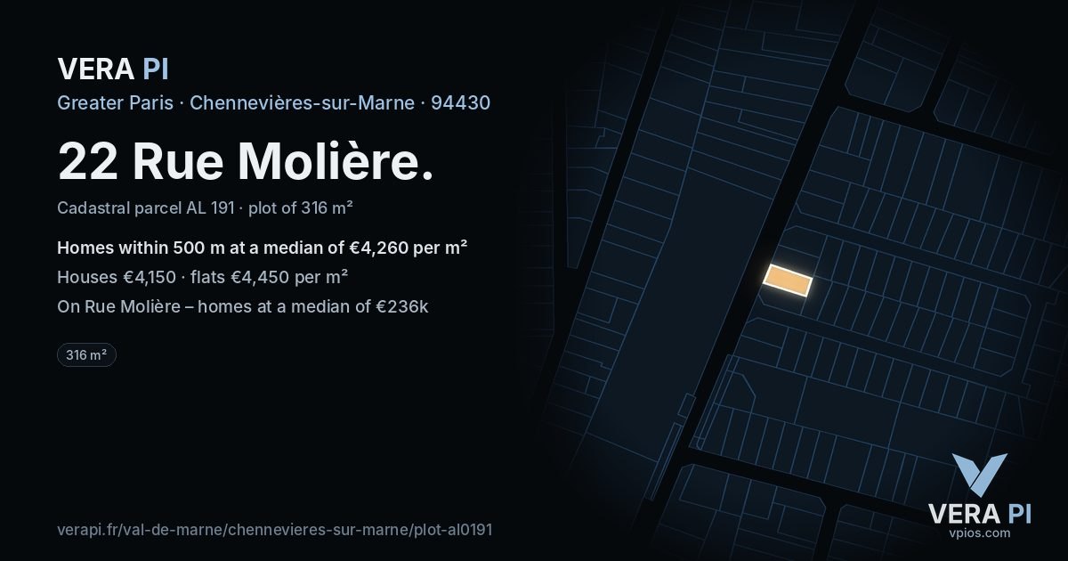 22 Rue Molière, Chennevières-sur-Marne at night – the plot lit, the parcels around coloured by the prices near them