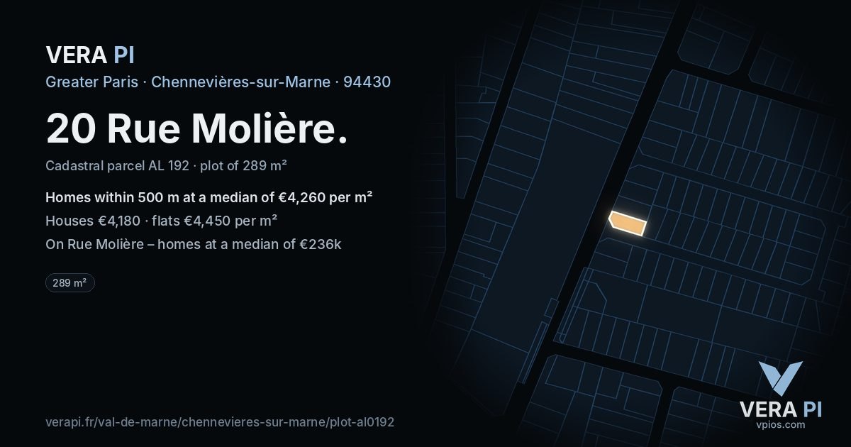 20 Rue Molière, Chennevières-sur-Marne at night – the plot lit, the parcels around coloured by the prices near them