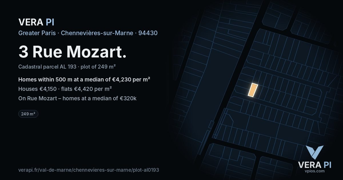 3 Rue Mozart, Chennevières-sur-Marne at night – the plot lit, the parcels around coloured by the prices near them