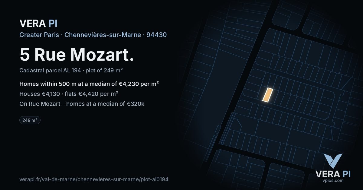 5 Rue Mozart, Chennevières-sur-Marne at night – the plot lit, the parcels around coloured by the prices near them