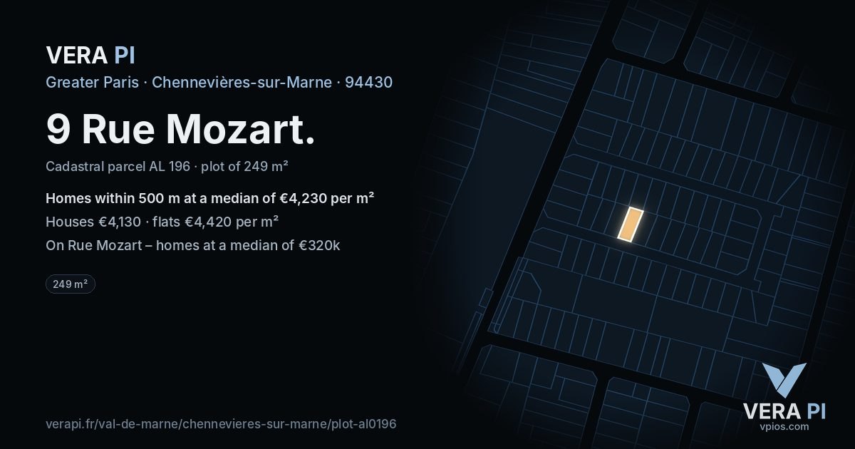 9 Rue Mozart, Chennevières-sur-Marne at night – the plot lit, the parcels around coloured by the prices near them
