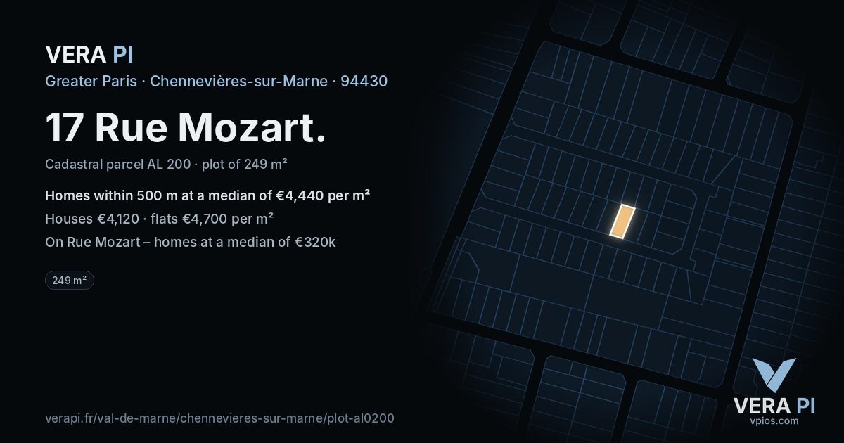 17 Rue Mozart, Chennevières-sur-Marne at night – the plot lit, the parcels around coloured by the prices near them