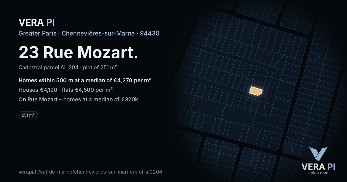 23 Rue Mozart, Chennevières-sur-Marne at night – the plot lit, the parcels around coloured by the prices near them