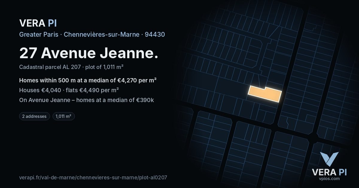 27 Avenue Jeanne, Chennevières-sur-Marne at night – the plot lit, the parcels around coloured by the prices near them