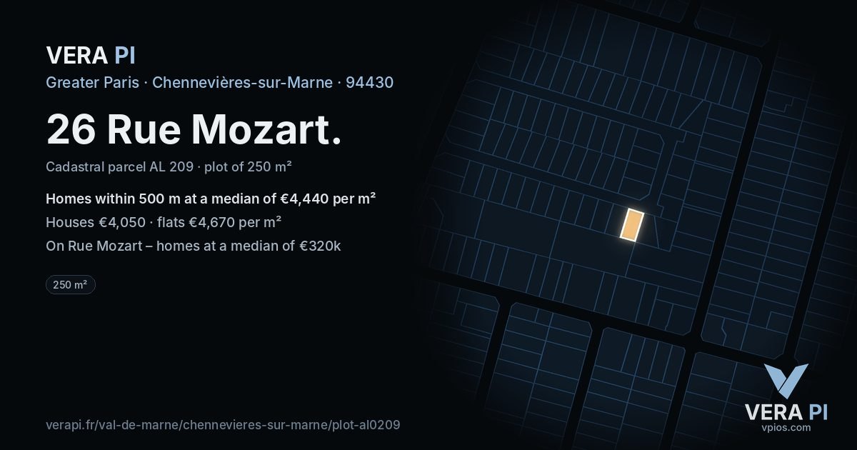 26 Rue Mozart, Chennevières-sur-Marne at night – the plot lit, the parcels around coloured by the prices near them