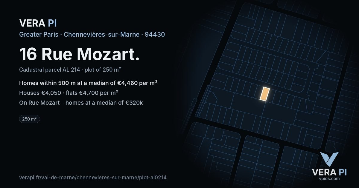 16 Rue Mozart, Chennevières-sur-Marne at night – the plot lit, the parcels around coloured by the prices near them