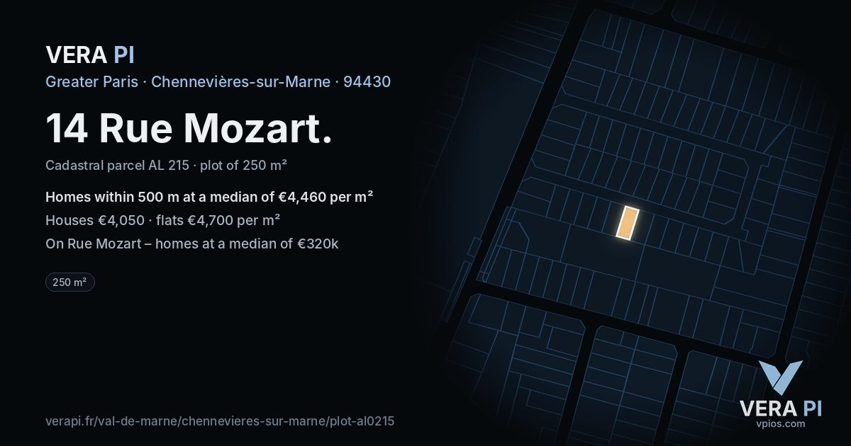 14 Rue Mozart, Chennevières-sur-Marne at night – the plot lit, the parcels around coloured by the prices near them