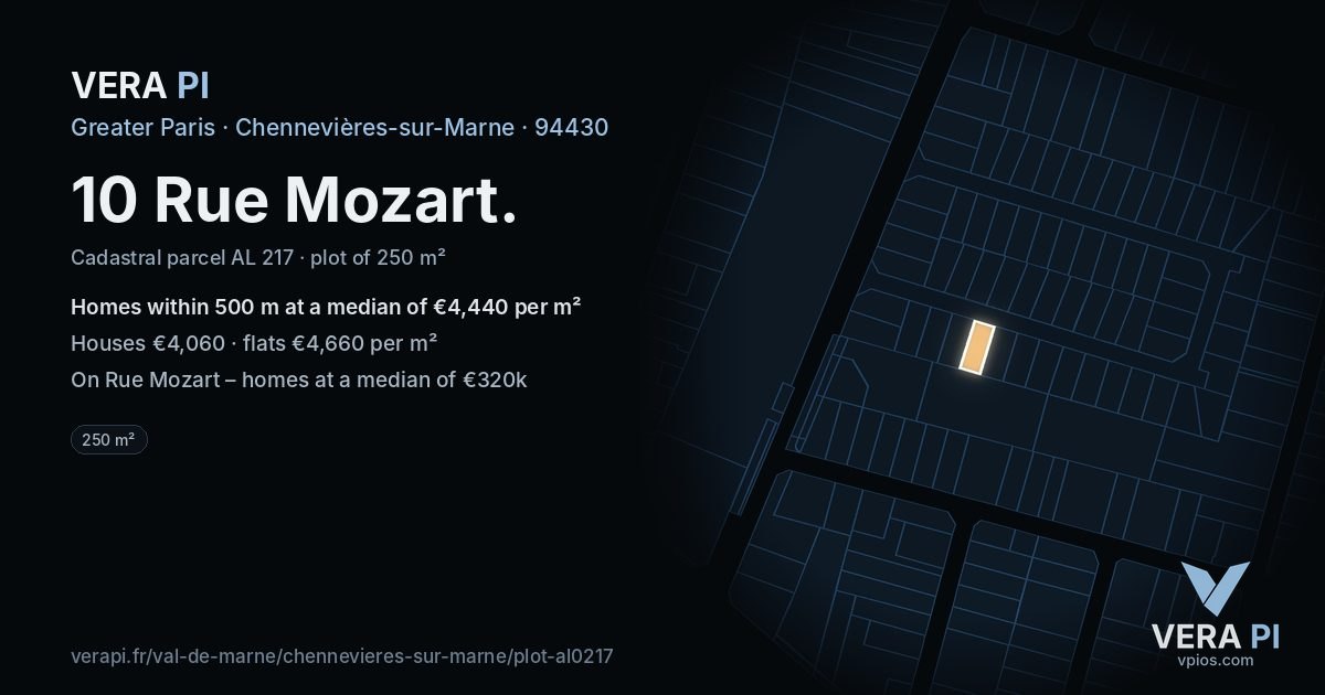 10 Rue Mozart, Chennevières-sur-Marne at night – the plot lit, the parcels around coloured by the prices near them