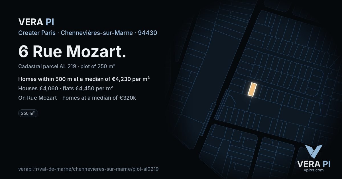 6 Rue Mozart, Chennevières-sur-Marne at night – the plot lit, the parcels around coloured by the prices near them