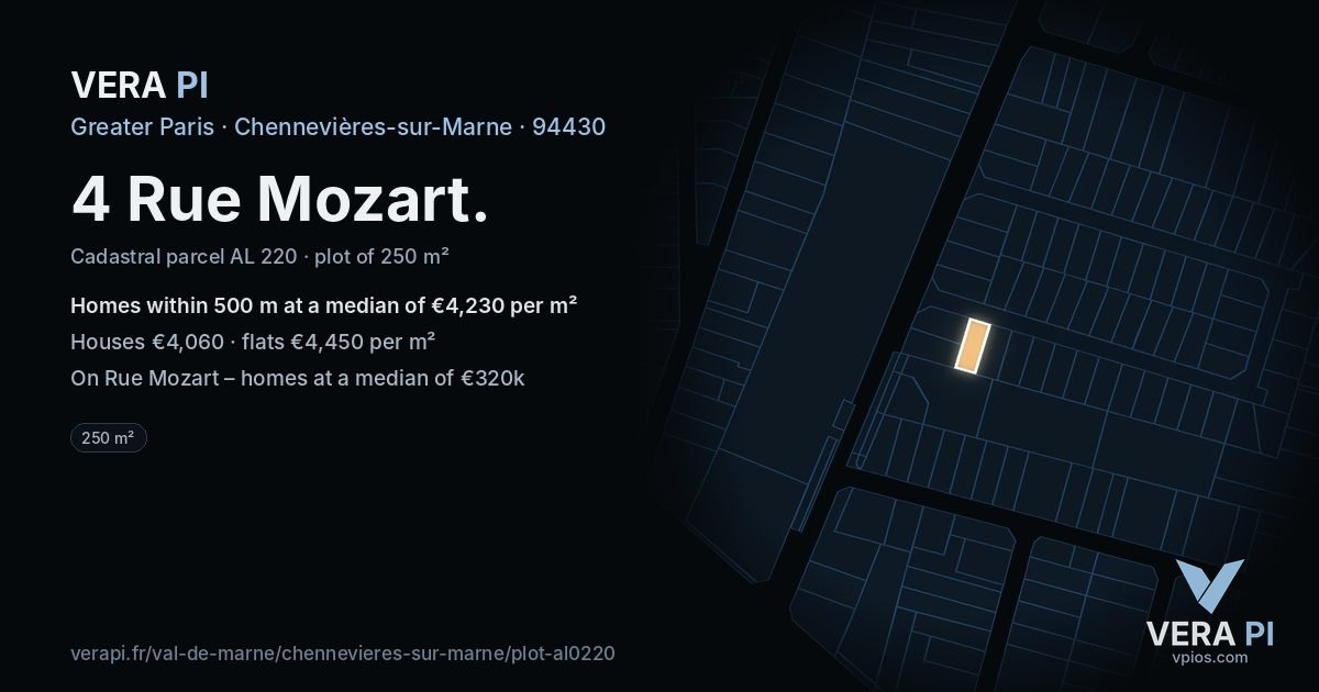 4 Rue Mozart, Chennevières-sur-Marne at night – the plot lit, the parcels around coloured by the prices near them