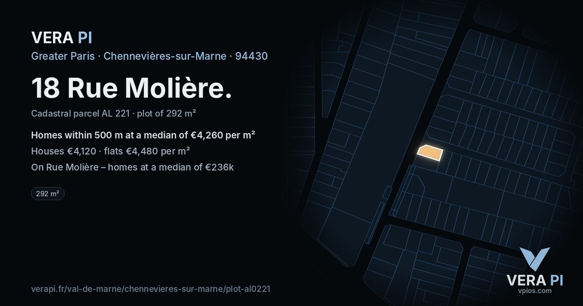 18 Rue Molière, Chennevières-sur-Marne at night – the plot lit, the parcels around coloured by the prices near them