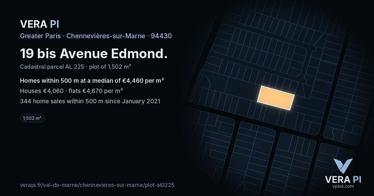 19 bis Avenue Edmond, Chennevières-sur-Marne at night – the plot lit, the parcels around coloured by the prices near them
