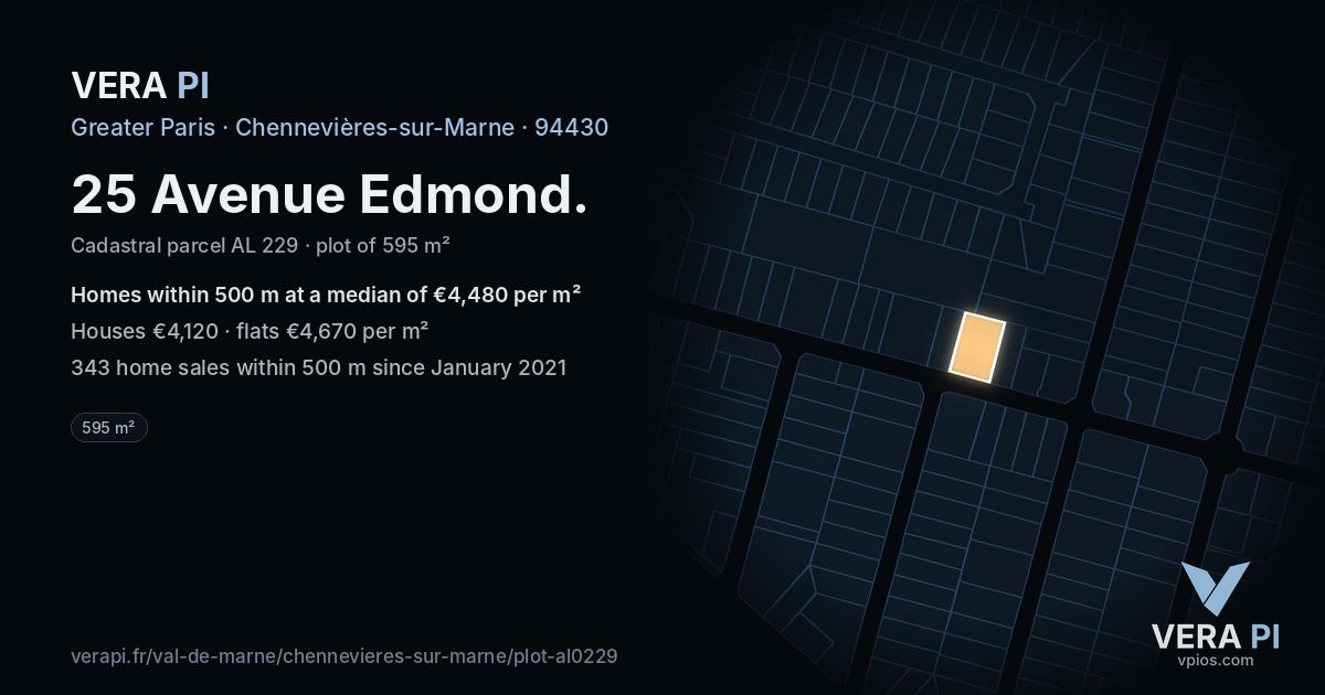 25 Avenue Edmond, Chennevières-sur-Marne at night – the plot lit, the parcels around coloured by the prices near them