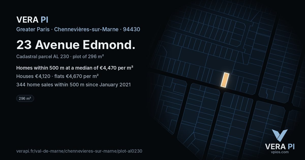 23 Avenue Edmond, Chennevières-sur-Marne at night – the plot lit, the parcels around coloured by the prices near them
