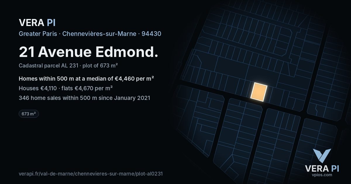 21 Avenue Edmond, Chennevières-sur-Marne at night – the plot lit, the parcels around coloured by the prices near them
