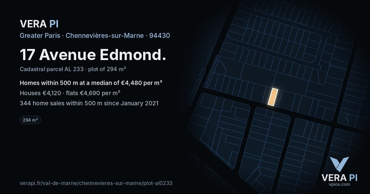 17 Avenue Edmond, Chennevières-sur-Marne at night – the plot lit, the parcels around coloured by the prices near them