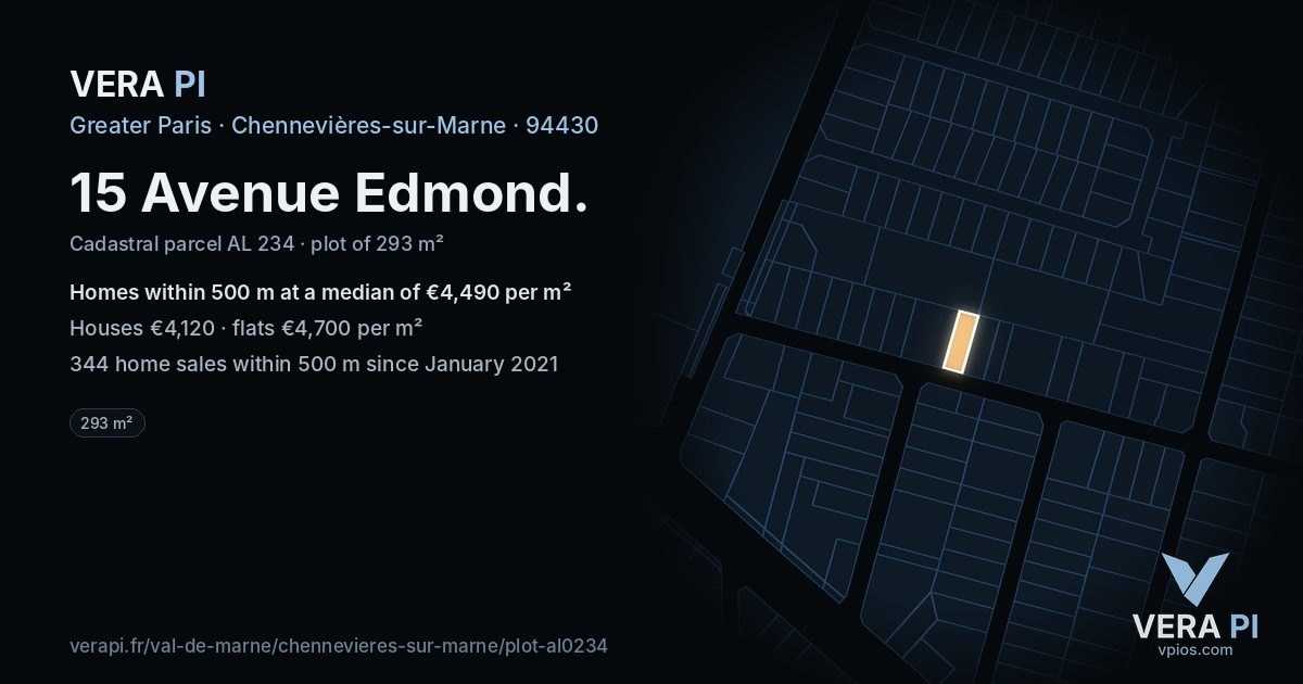 15 Avenue Edmond, Chennevières-sur-Marne at night – the plot lit, the parcels around coloured by the prices near them