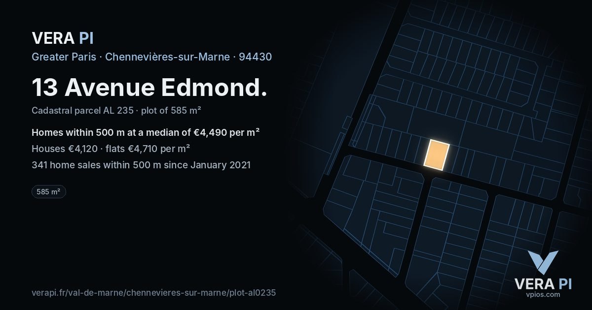 13 Avenue Edmond, Chennevières-sur-Marne at night – the plot lit, the parcels around coloured by the prices near them