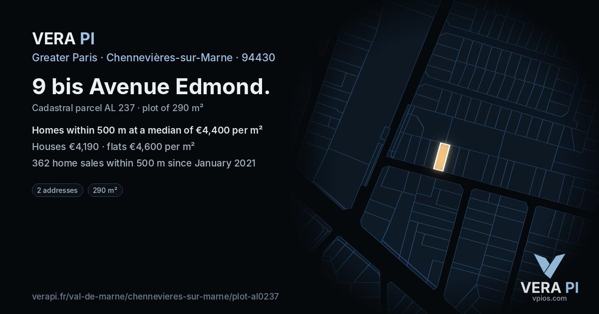 9 bis Avenue Edmond, Chennevières-sur-Marne at night – the plot lit, the parcels around coloured by the prices near them
