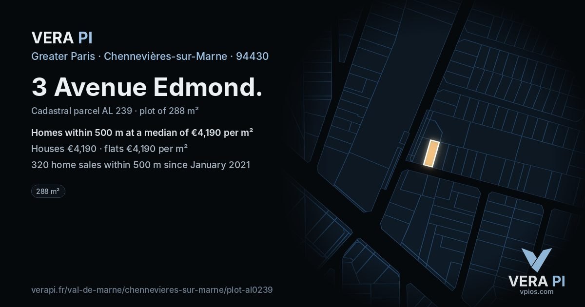 3 Avenue Edmond, Chennevières-sur-Marne at night – the plot lit, the parcels around coloured by the prices near them