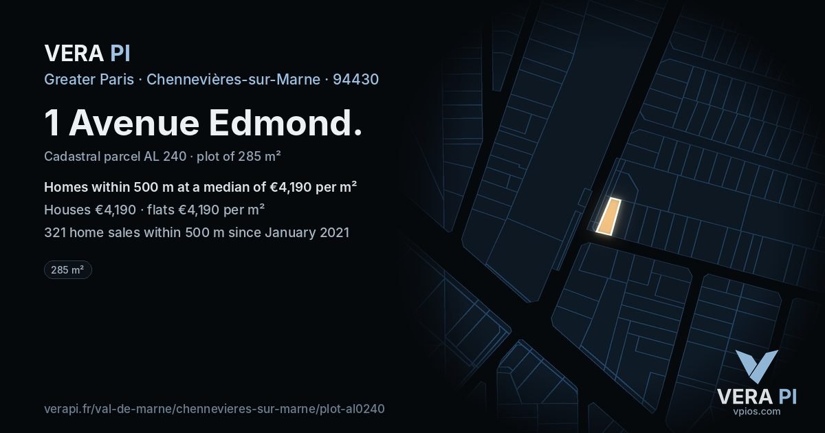 1 Avenue Edmond, Chennevières-sur-Marne at night – the plot lit, the parcels around coloured by the prices near them