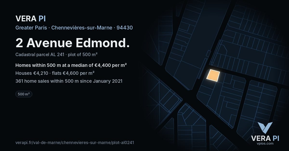 2 Avenue Edmond, Chennevières-sur-Marne at night – the plot lit, the parcels around coloured by the prices near them