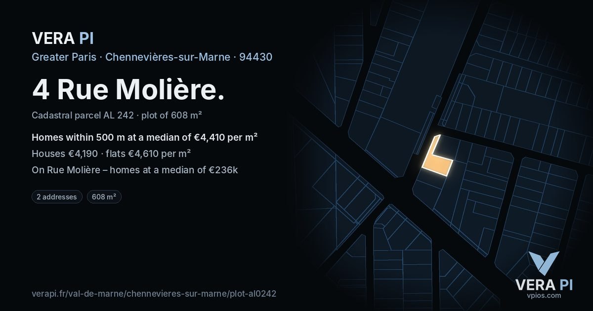 4 Rue Molière, Chennevières-sur-Marne at night – the plot lit, the parcels around coloured by the prices near them
