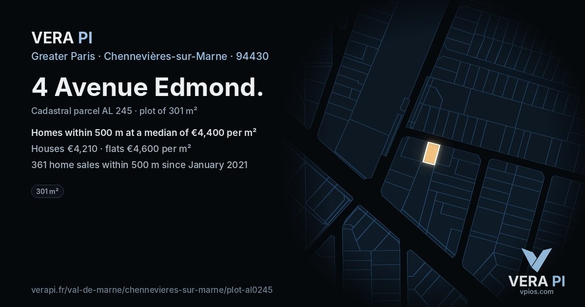 4 Avenue Edmond, Chennevières-sur-Marne at night – the plot lit, the parcels around coloured by the prices near them