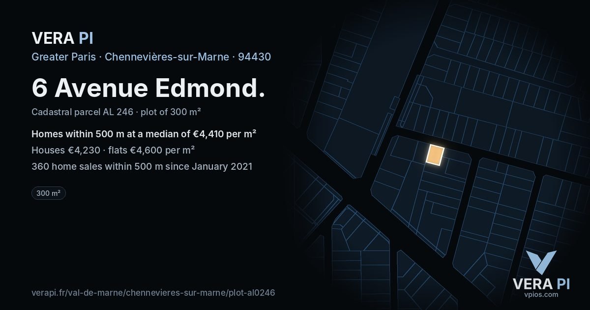 6 Avenue Edmond, Chennevières-sur-Marne at night – the plot lit, the parcels around coloured by the prices near them