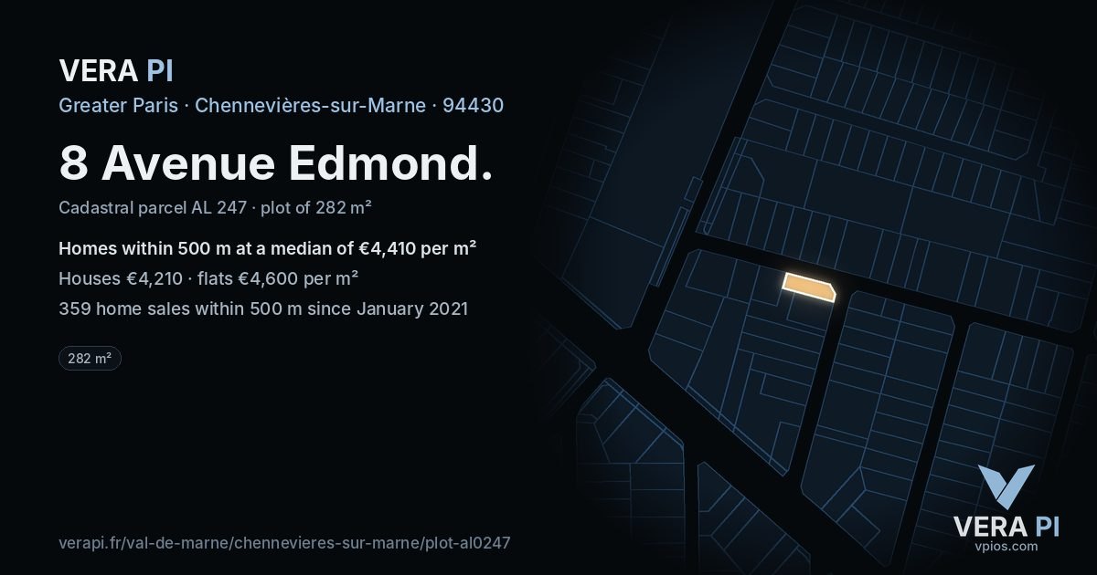 8 Avenue Edmond, Chennevières-sur-Marne at night – the plot lit, the parcels around coloured by the prices near them