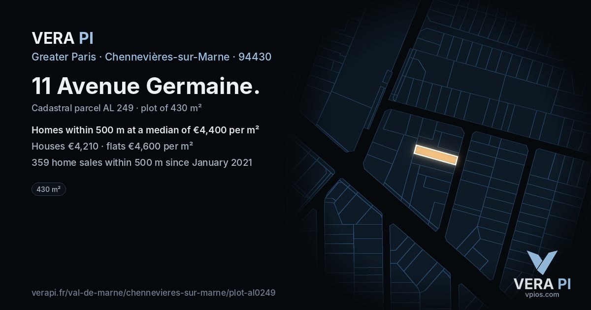 11 Avenue Germaine, Chennevières-sur-Marne at night – the plot lit, the parcels around coloured by the prices near them